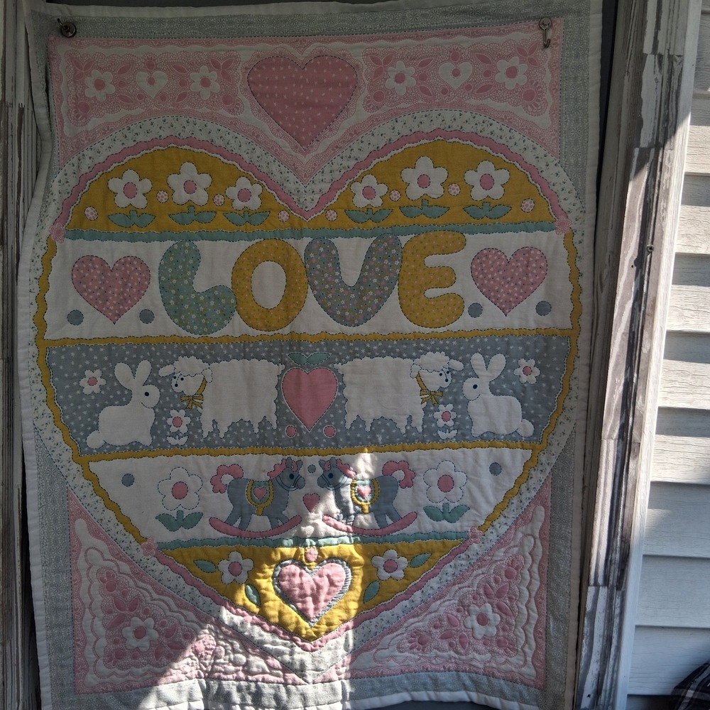 Vintage 90s Baby Quilt Blanket Pastel Hearts Bunnies Sheep Rocking Horse VGVC